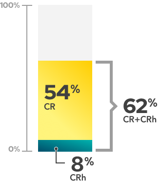 Remission rates graphs showing study data for VENCLEXTA + decitabine - 54% achieved complete remission, an additional 7.7% achieved complete remission with partial hematologic recovery, 62% Achieved some level of remission (CR+CRh)